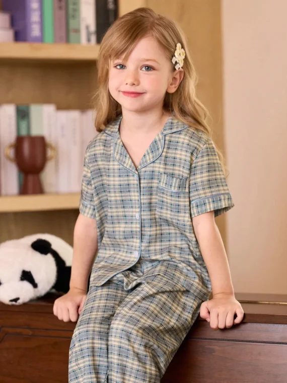 Young Girl Plaid Lapel Cardigan Bubble-Crinkle Short Sleeve Top And Pants Pajama Set Women S Pajama Cotton Summer Clothes For Kids Kids Fashion Clothes Children Girl Clothes Boy Dress Clothes