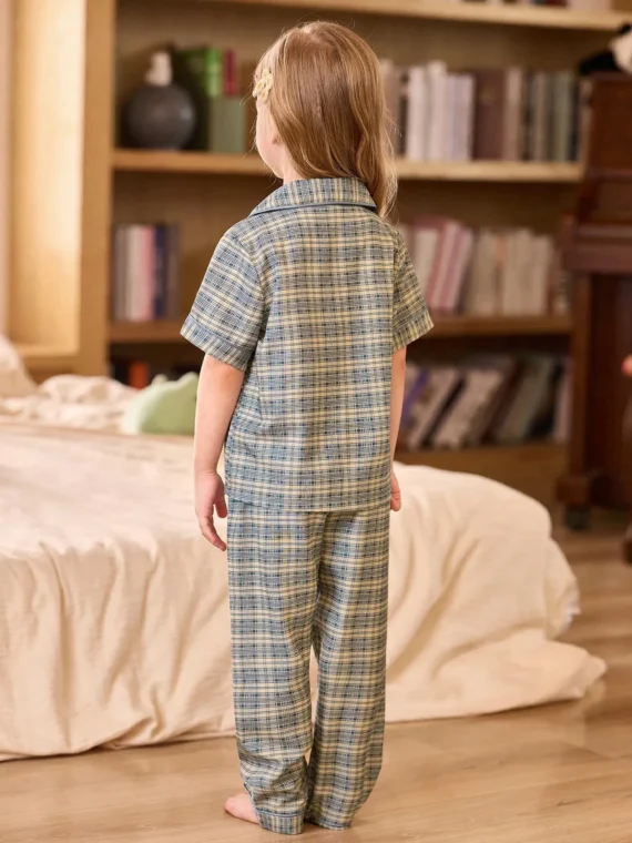 Young Girl Plaid Lapel Cardigan Bubble-Crinkle Short Sleeve Top And Pants Pajama Set Women S Pajama Cotton Summer Clothes For Kids Kids Fashion Clothes Children Girl Clothes Boy Dress Clothes