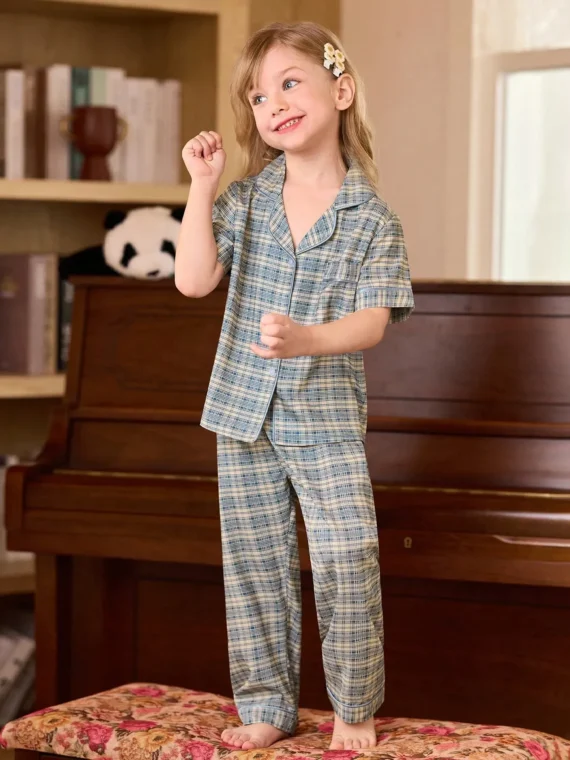 Young Girl Plaid Lapel Cardigan Bubble-Crinkle Short Sleeve Top And Pants Pajama Set Women S Pajama Cotton Summer Clothes For Kids Kids Fashion Clothes Children Girl Clothes Boy Dress Clothes