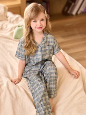 Young Girl Plaid Lapel Cardigan Bubble-Crinkle Short Sleeve Top And Pants Pajama Set Women S Pajama Cotton Summer Clothes For Kids Kids Fashion Clothes Children Girl Clothes Boy Dress Clothes