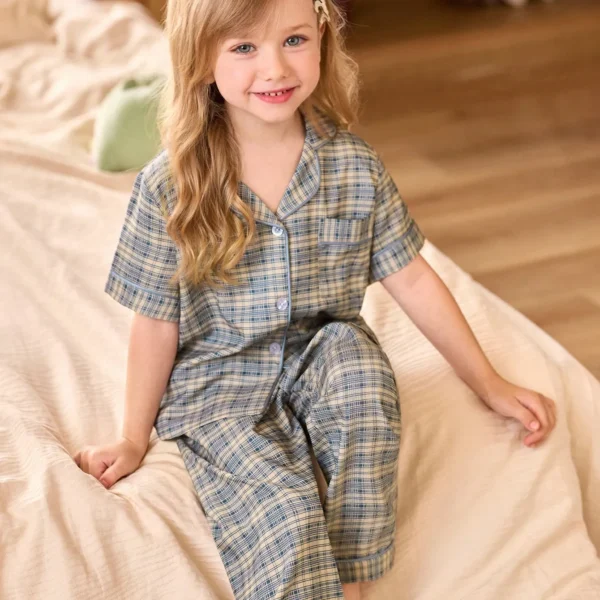 Young Girl Plaid Lapel Cardigan Bubble-Crinkle Short Sleeve Top And Pants Pajama Set Women S Pajama Cotton Summer Clothes For Kids Kids Fashion Clothes Children Girl Clothes Boy Dress Clothes