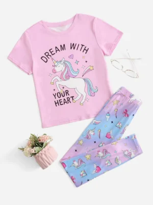 Tween Girl Cartoon & Slogan Graphic PJ Set