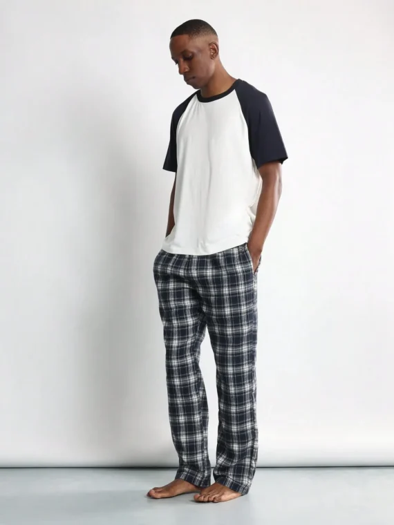 SUMWON Luxury Pajama Set Plaid Check Pants Raglan Short Sleeve T-Shirt Sleepwear Loungewear Comfort Set Nightwear Relaxed