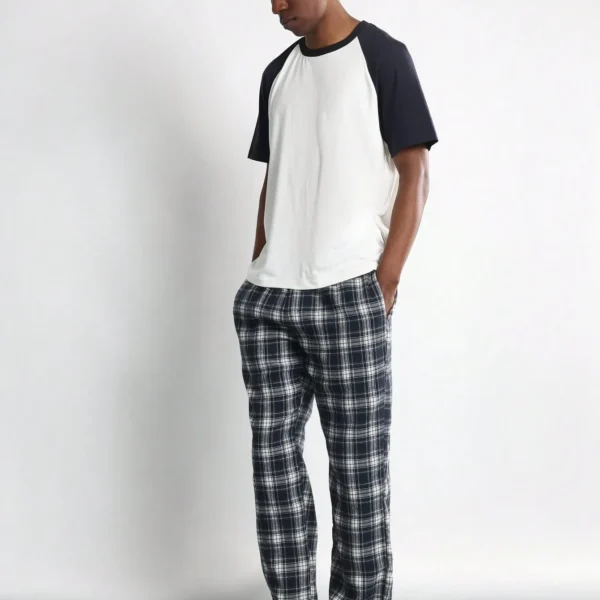 SUMWON Luxury Pajama Set Plaid Check Pants Raglan Short Sleeve T-Shirt Sleepwear Loungewear Comfort Set Nightwear Relaxed