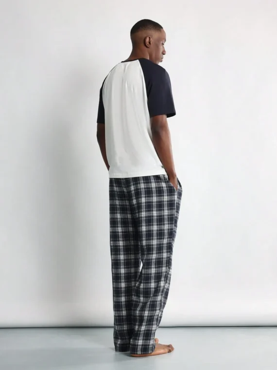 SUMWON Luxury Pajama Set Plaid Check Pants Raglan Short Sleeve T-Shirt Sleepwear Loungewear Comfort Set Nightwear Relaxed