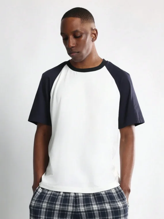 SUMWON Luxury Pajama Set Plaid Check Pants Raglan Short Sleeve T-Shirt Sleepwear Loungewear Comfort Set Nightwear Relaxed