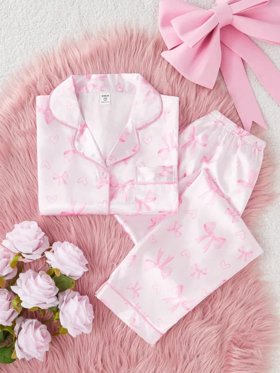 2 Pieces Set Girls Cute Butterfly Printed Polo Neck Short Sleeve Top And Casual Long Pants, Comfortable Loungewear