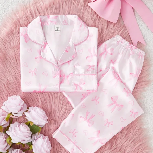 2 Pieces Set Girls Cute Butterfly Printed Polo Neck Short Sleeve Top And Casual Long Pants, Comfortable Loungewear