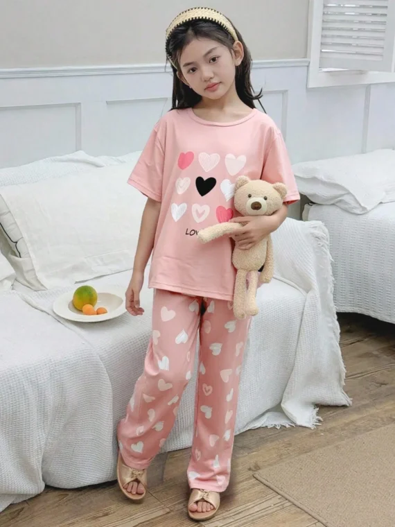 Tween Girls Navy Blue Flamingo Print Casual 2pcs Set (Long Pants & Short Sleeve Top) Loungewear