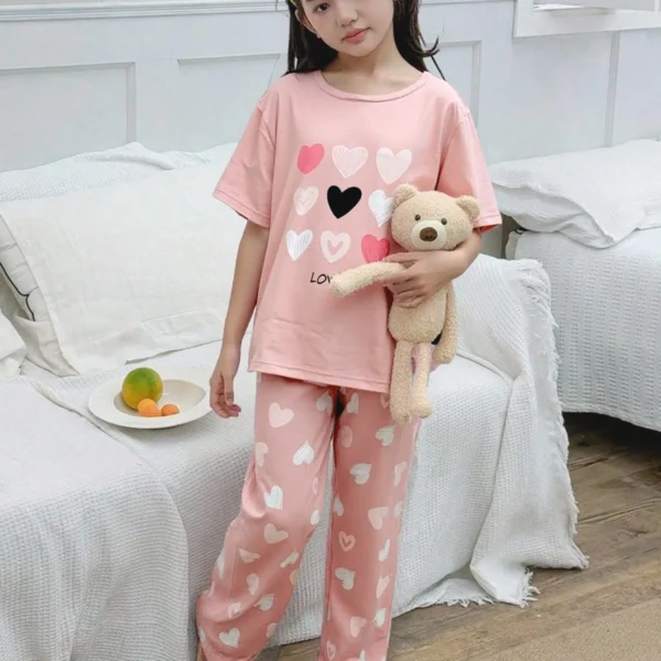 Tween Girls Navy Blue Flamingo Print Casual 2pcs Set (Long Pants & Short Sleeve Top) Loungewear