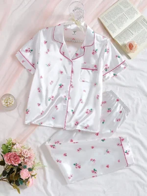 Tween Girls2pcs White Floral Print Short Sleeve Top And Pants Lounge Set, Spring/Summer Kids Girls Summer Outfits Kitty Sleepwear Set