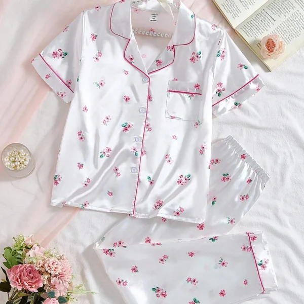 Tween Girls2pcs White Floral Print Short Sleeve Top And Pants Lounge Set, Spring/Summer Kids Girls Summer Outfits Kitty Sleepwear Set