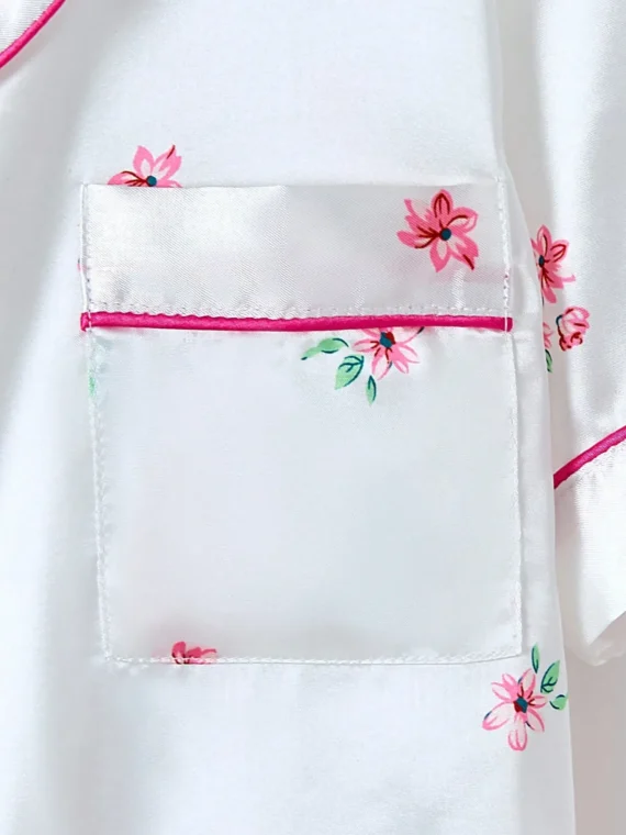 Tween Girls2pcs White Floral Print Short Sleeve Top And Pants Lounge Set, Spring/Summer Kids Girls Summer Outfits Kitty Sleepwear Set