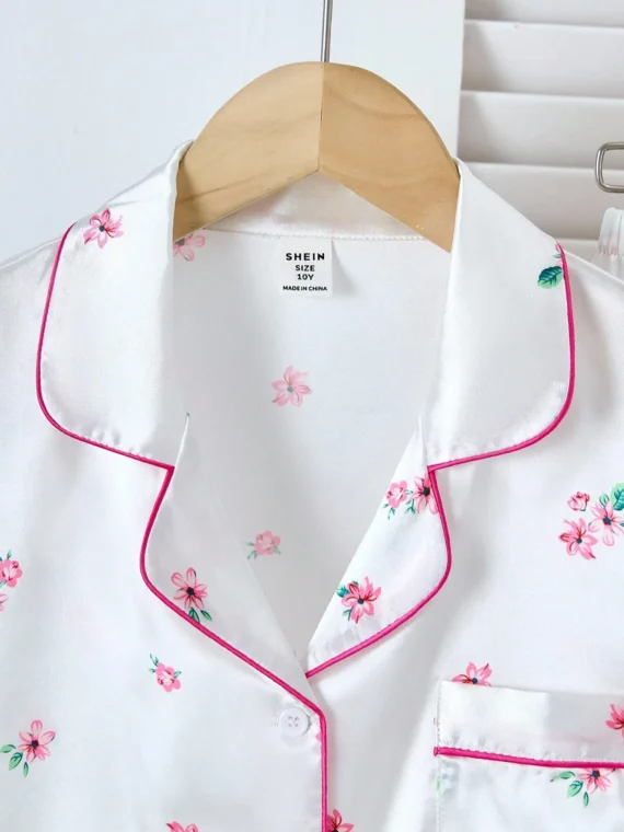 Tween Girls2pcs White Floral Print Short Sleeve Top And Pants Lounge Set, Spring/Summer Kids Girls Summer Outfits Kitty Sleepwear Set