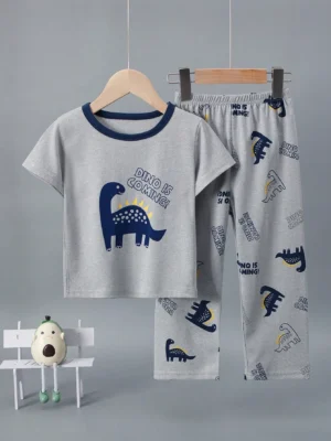 2pcs/Set Toddler Boys Cartoon Dinosaur Print Short Sleeve Pajama Set, Lightweight Spring/Summer Casual Home Outfit