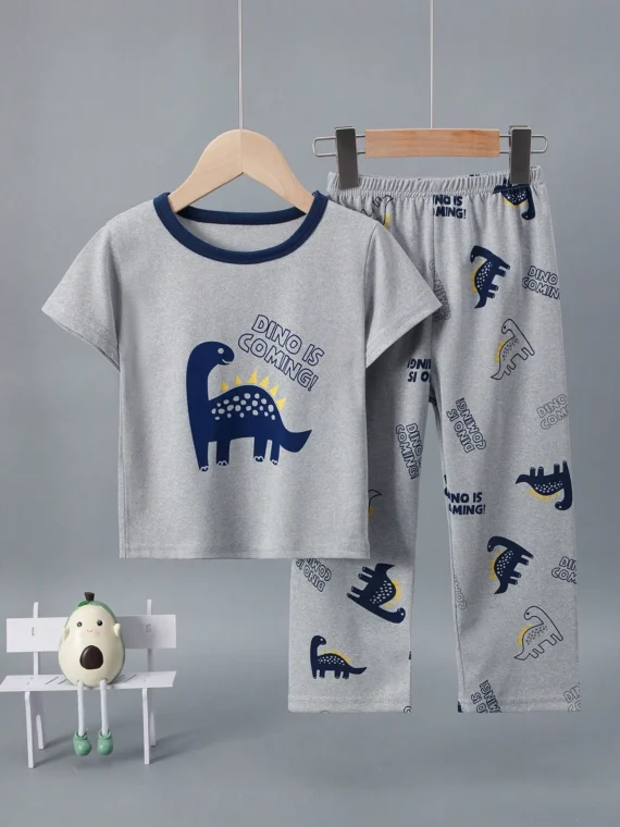 2pcs/Set Toddler Boys Cartoon Dinosaur Print Short Sleeve Pajama Set, Lightweight Spring/Summer Casual Home Outfit