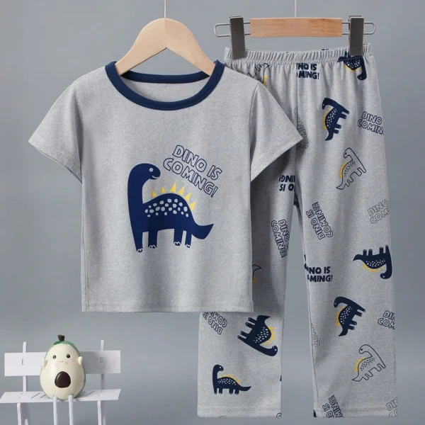 2pcs/Set Toddler Boys Cartoon Dinosaur Print Short Sleeve Pajama Set, Lightweight Spring/Summer Casual Home Outfit
