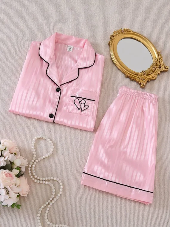 Girls 2pcs Pajama Set - Striped Color Rib Fabric Short Sleeve Cardigan And Shorts, Casual Sleepwear