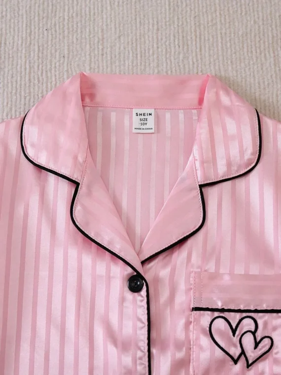 Girls 2pcs Pajama Set - Striped Color Rib Fabric Short Sleeve Cardigan And Shorts, Casual Sleepwear