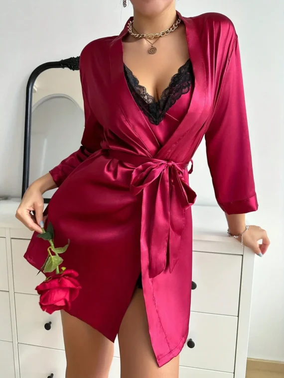 2pcs/Set Women Elegant Silk Satin Pajama Set, Soft Floral Lace Trim Sleeveless Nightgown With Robe, Loose Fit Robe & Slip Dress, Suitable For Indoor Use, Autumn/Winter ,Vacation