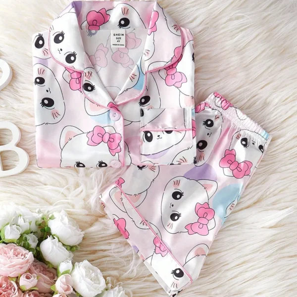 2pcs Young Girl Sweet Cute Cat Print Short Sleeve Shirt And Shorts Pajamas Set, Home Outfit