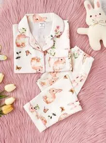 2pcs/Set Girls'' Cute Rabbit Print Short Sleeve Cardigan And Pants Set, Casual And Comfortable Homewear