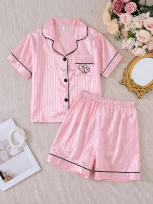 Girls 2pcs Pajama Set - Striped Color Rib Fabric Short Sleeve Cardigan And Shorts, Casual Sleepwear