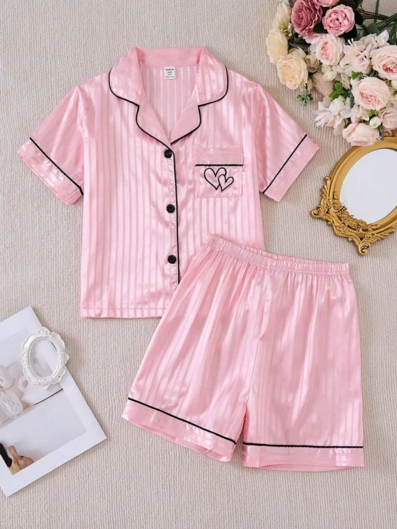 Girls 2pcs Pajama Set - Striped Color Rib Fabric Short Sleeve Cardigan And Shorts, Casual Sleepwear