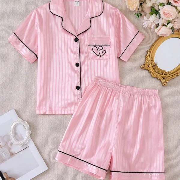 Girls 2pcs Pajama Set - Striped Color Rib Fabric Short Sleeve Cardigan And Shorts, Casual Sleepwear