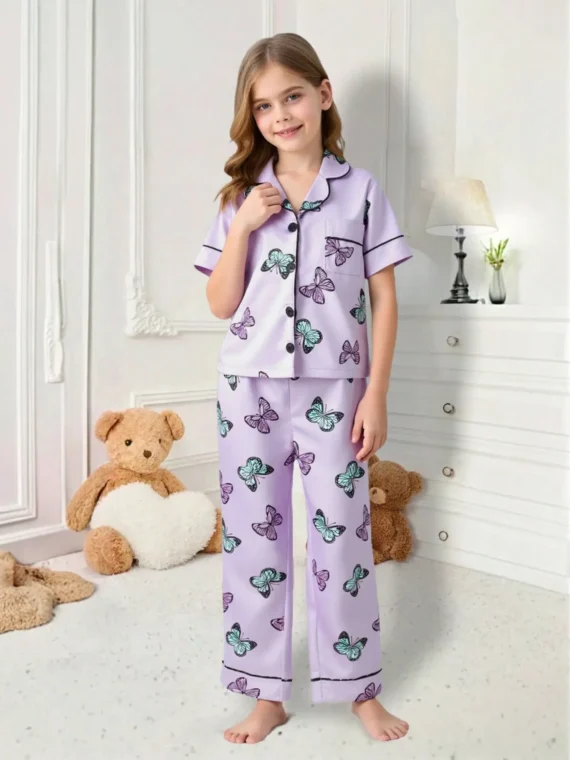 Tween Girl Pink Butterfly Print Cami Pj Set For Home Holiday Traval Releax Summer Clothes