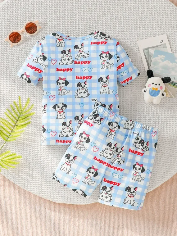 Snug Fit Dog Graphic Pajama Set, Young BoyShort Sleeve & Shorts Home Clothes, Soft Comfortable Fabric, Casual & Playful Style, Suitable For Children