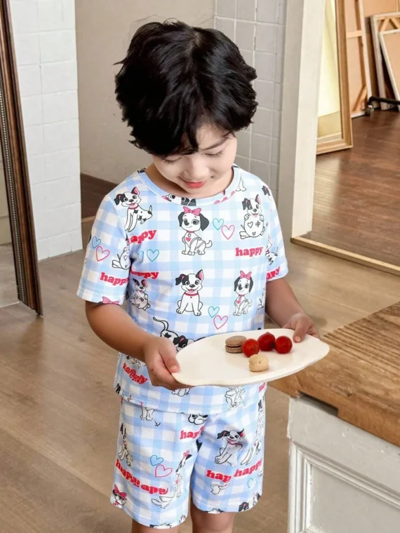 Snug Fit Dog Graphic Pajama Set, Young BoyShort Sleeve & Shorts Home Clothes, Soft Comfortable Fabric, Casual & Playful Style, Suitable For Children