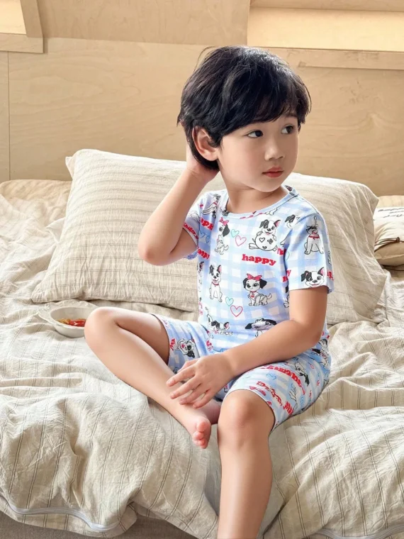 Snug Fit Dog Graphic Pajama Set, Young BoyShort Sleeve & Shorts Home Clothes, Soft Comfortable Fabric, Casual & Playful Style, Suitable For Children