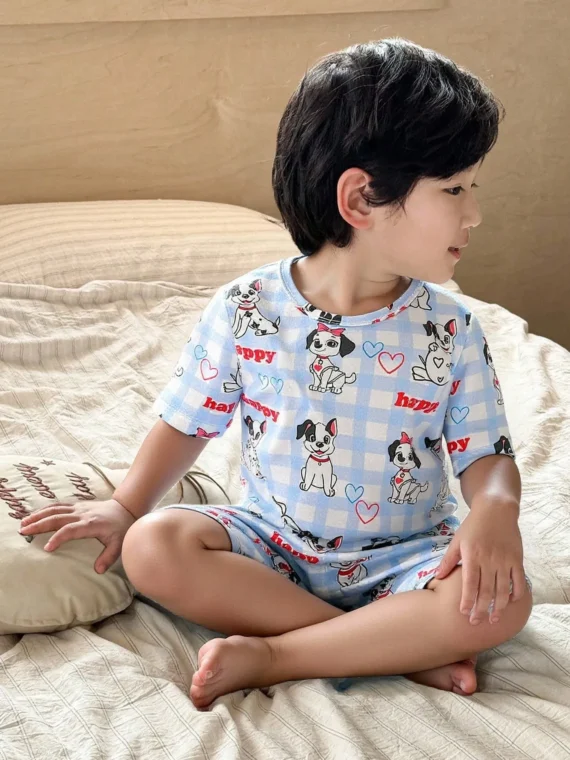 Snug Fit Dog Graphic Pajama Set, Young BoyShort Sleeve & Shorts Home Clothes, Soft Comfortable Fabric, Casual & Playful Style, Suitable For Children