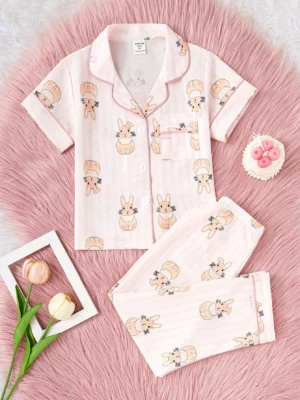 2pcs/Set Girls'' Cute Rabbit Print Short Sleeve Cardigan And Pants Set, Casual And Comfortable Homewear