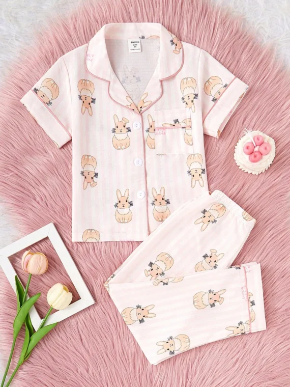2pcs/Set Girls'' Cute Rabbit Print Short Sleeve Cardigan And Pants Set, Casual And Comfortable Homewear
