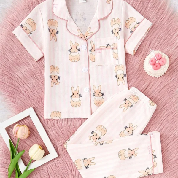 2pcs/Set Girls'' Cute Rabbit Print Short Sleeve Cardigan And Pants Set, Casual And Comfortable Homewear