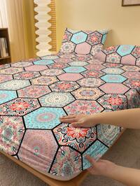 1pc Fashionable Minimalist Style Printed Flannel Fitted Sheet & Bedspread & Dustproof Cover Home Bedding