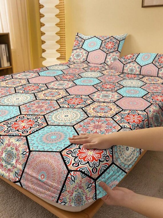 1pc Fashionable Minimalist Style Printed Flannel Fitted Sheet & Bedspread & Dustproof Cover Home Bedding