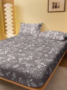 1pc Minimalist Modern Floral Branch Plant Print Washed Fitted Sheet, Bedroom Printed Bed Cover, Home Textiles (Excluding Pillowcase)