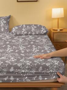 1pc Minimalist Modern Floral Branch Plant Print Washed Fitted Sheet, Bedroom Printed Bed Cover, Home Textiles (Excluding Pillowcase)