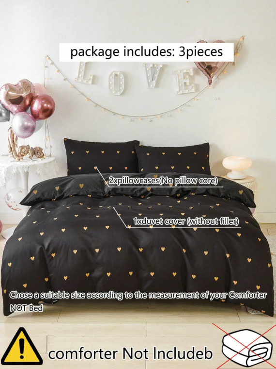 3Pcs/Set Black Gold Heart Shaped Love Pattern Print Duvet Cover Set Without Filler Breathable Supersoft All-Season (1pc*Duvet Cover + 2pcs*Pillowcase, No Pillow Core), Soft Two Tone Design Bedding Set For Ideal For Bedroom, Guest Room, Dormitory, 1pc Duvet Cover With 2pcs Pillowcase (Without Filler)Machine Washable King Queen Full Twin Size Domitory Bedding Back School Bedding