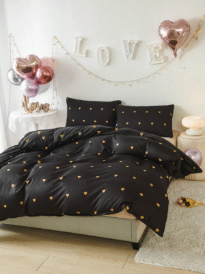 3Pcs/Set Black Gold Heart Shaped Love Pattern Print Duvet Cover Set Without Filler Breathable Supersoft All-Season (1pc*Duvet Cover + 2pcs*Pillowcase, No Pillow Core), Soft Two Tone Design Bedding Set For Ideal For Bedroom, Guest Room, Dormitory, 1pc Duvet Cover With 2pcs Pillowcase (Without Filler)Machine Washable King Queen Full Twin Size Domitory Bedding Back School Bedding