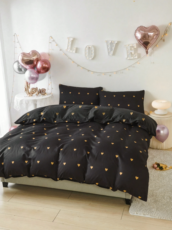 3Pcs/Set Black Gold Heart Shaped Love Pattern Print Duvet Cover Set Without Filler Breathable Supersoft All-Season (1pc*Duvet Cover + 2pcs*Pillowcase, No Pillow Core), Soft Two Tone Design Bedding Set For Ideal For Bedroom, Guest Room, Dormitory, 1pc Duvet Cover With 2pcs Pillowcase (Without Filler)Machine Washable King Queen Full Twin Size Domitory Bedding Back School Bedding