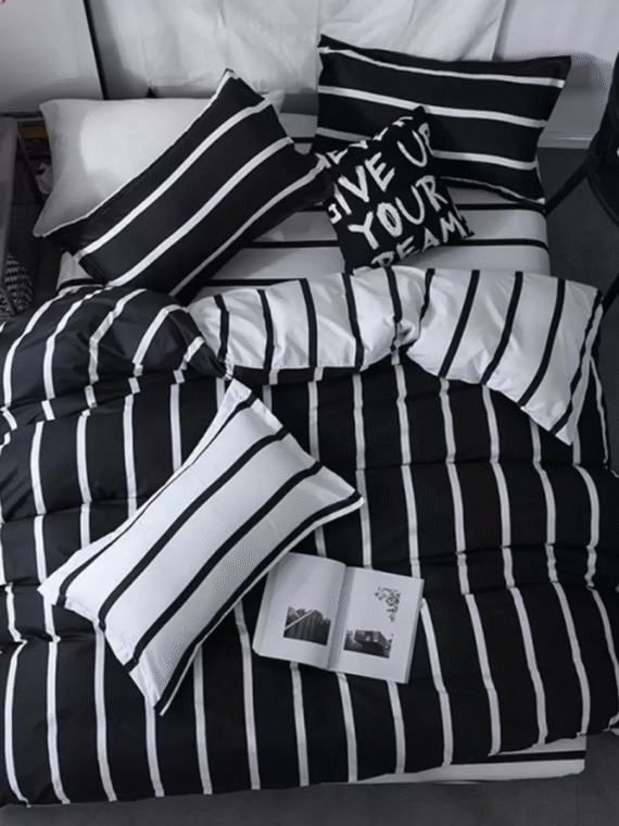 Black And White Striped Duvet Cover & Pillowcase Set, 3pcs (no Comforter)