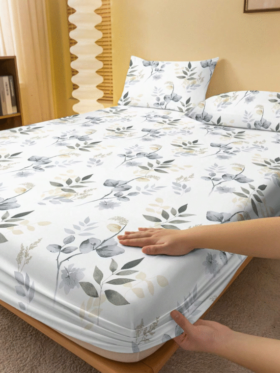 1pc Plant & Floral Pattern Printed Fitted Sheet With White Ground, Bedroom Printed Bed Cover, Bedding (Pillow Cover Not Included)