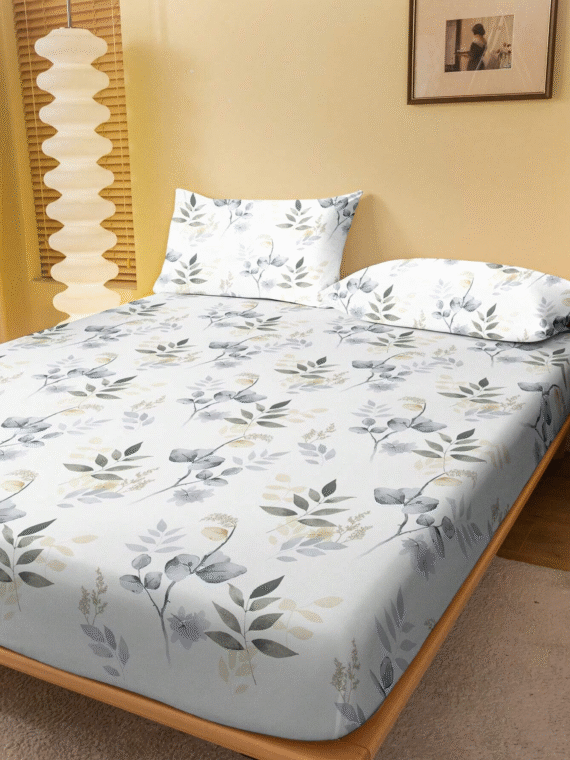 1pc Plant & Floral Pattern Printed Fitted Sheet With White Ground, Bedroom Printed Bed Cover, Bedding (Pillow Cover Not Included)