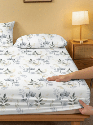 1pc Plant & Floral Pattern Printed Fitted Sheet With White Ground, Bedroom Printed Bed Cover, Bedding (Pillow Cover Not Included)