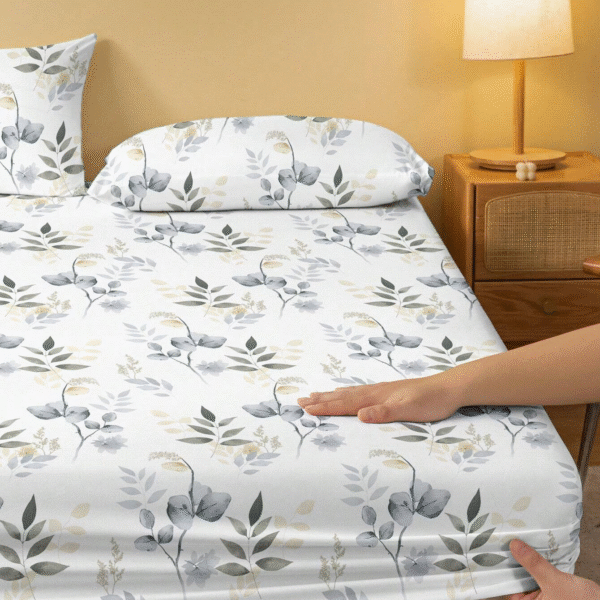 1pc Plant & Floral Pattern Printed Fitted Sheet With White Ground, Bedroom Printed Bed Cover, Bedding (Pillow Cover Not Included)