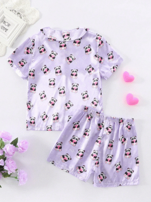 2pcs Tween GirlsCute Panda Print Comfortable Short Sleeve Cardigan Top And Shorts Pajama Set